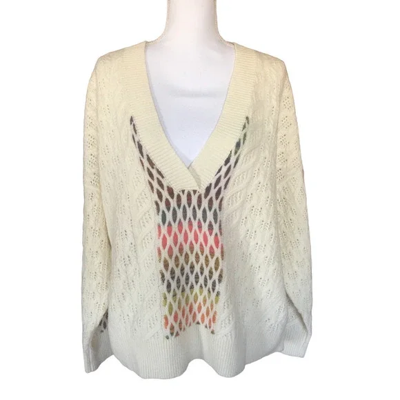 Anthropologie Maeve V-Neck Cable-Knit Lamb's Wool Sweater Women’s Size XL Ivory - Picture 3 of 12